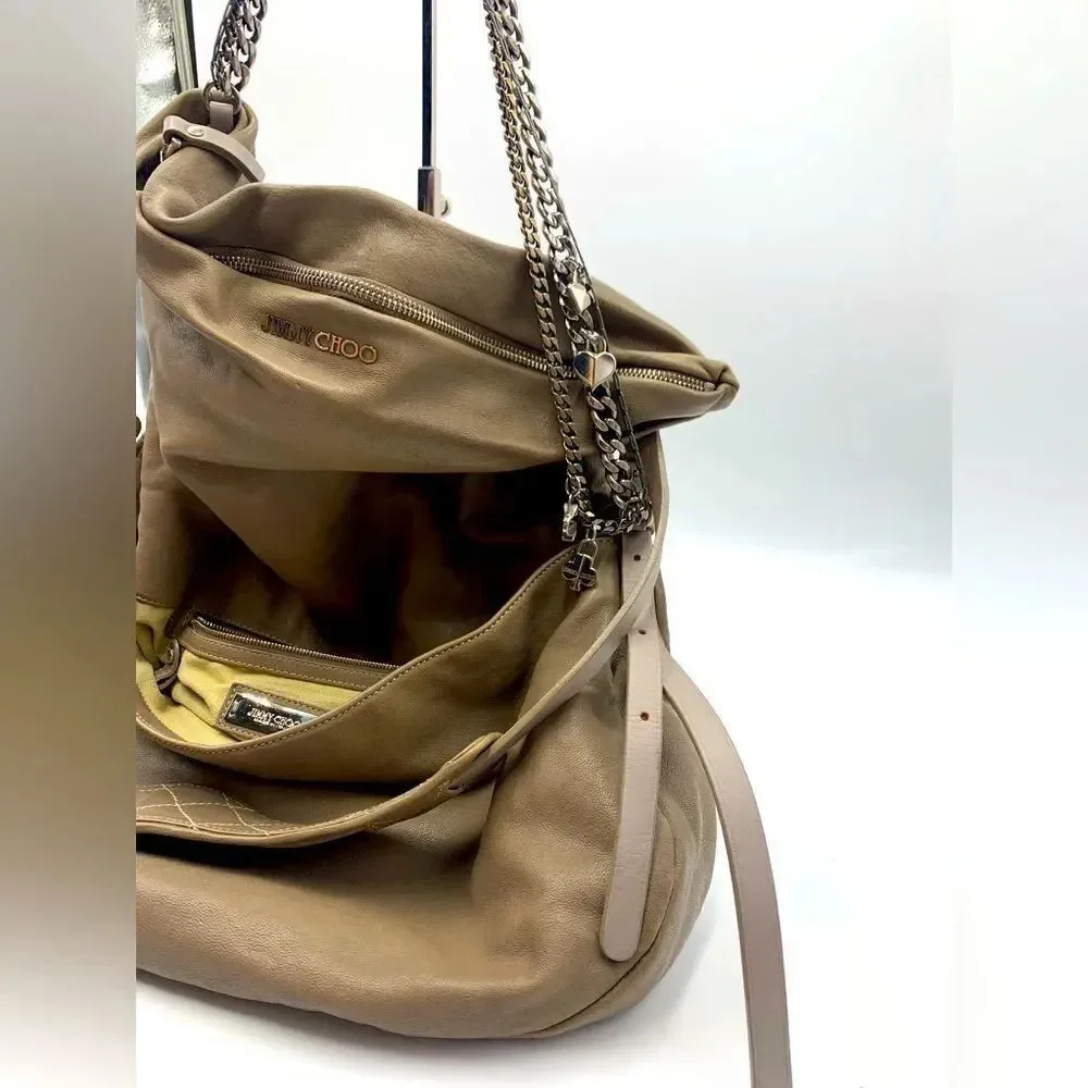 Auth Jimmy Choo Taupe Biker Chain Relaxed Hobo Bag. Excellent Preloved Satchel.